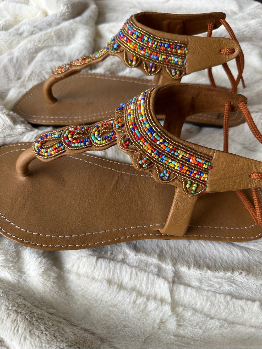 Beaded Brown T-Strap Sandals - Women - Picture 9 of 10